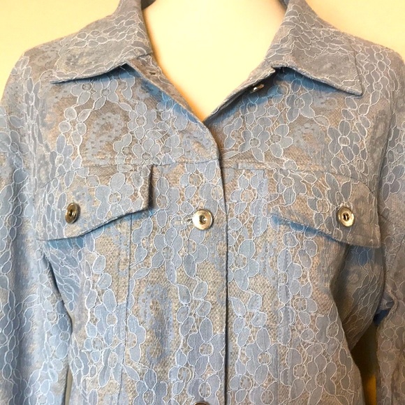 NWT DOLCE CABO Women's Blue Lace Overlay Jersey Lined Jacket Size Medium - Picture 6 of 11